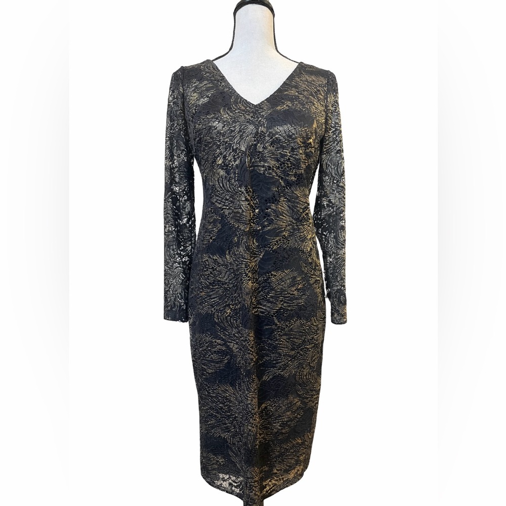 Marina Black & Gold Lace Cowl-Back Cocktail Dress | Size 8 | NWT long sleeve